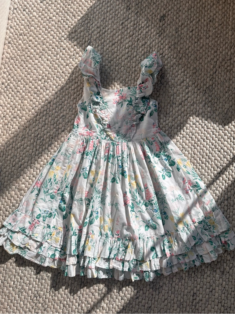 Janie and Jack White Floral Ruffle Sundress with Green, Pink & Yellow Print